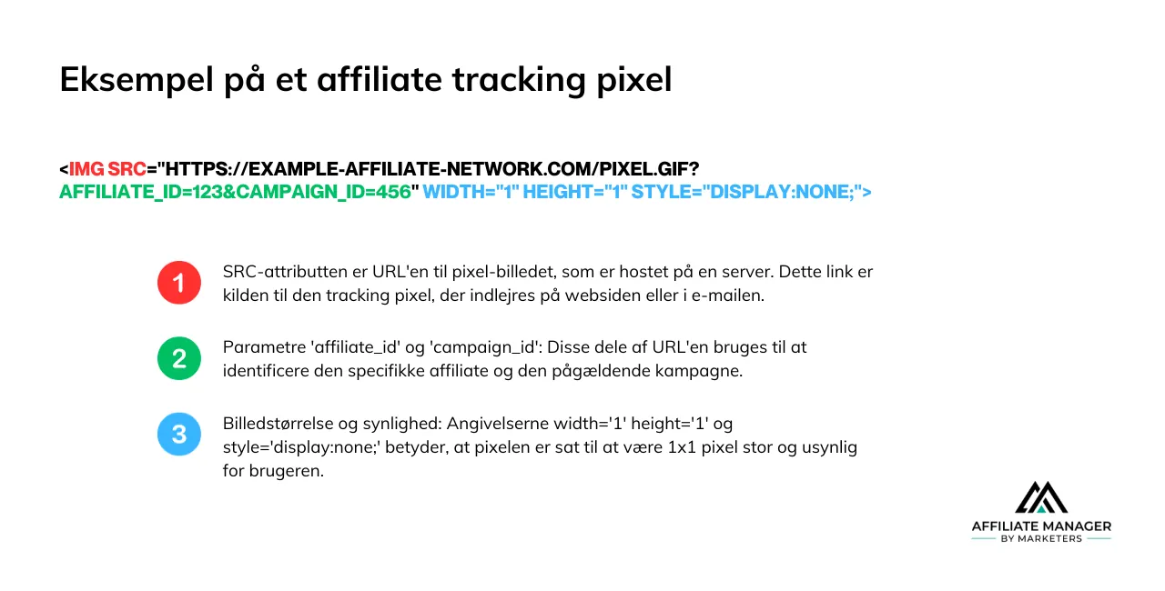 eksempel på affiliate tracking pixel kode snippet farvekoordineret med forklaringer af de forskellige attributer i koden