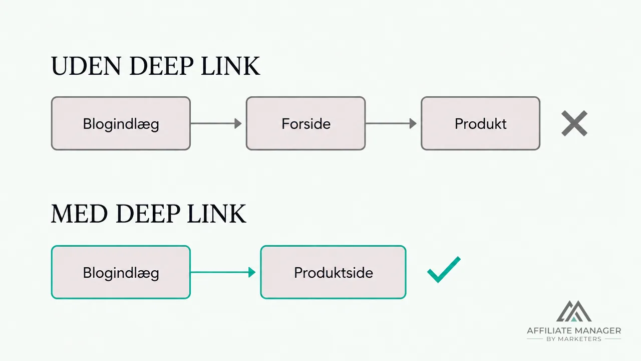 Diagram der sammenligner kundens vej uden deep link, hvor der er et ekstra stop på forsiden, med vejen med deep link direkte til produktsiden.