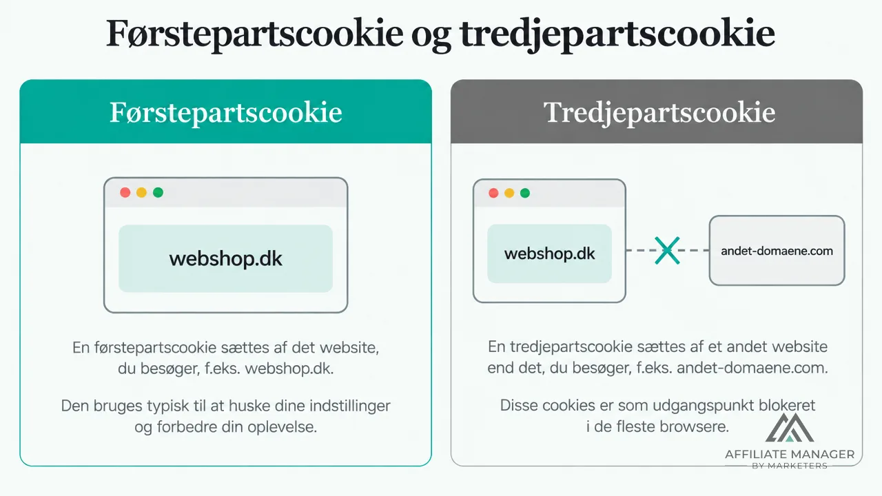 Diagram der sammenligner en førstepartscookie sat af det besøgte domæne med en tredjepartscookie sat af et andet domæne, som i de fleste browsere er blokeret.