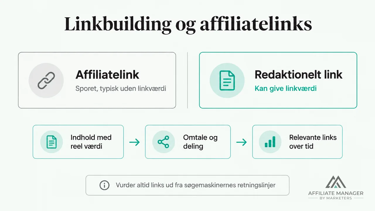 Diagram der viser forskellen på et sporet affiliatelink uden linkværdi og et redaktionelt link, der kan give linkværdi, samt hvordan indhold med reel værdi over tid kan give relevante links.