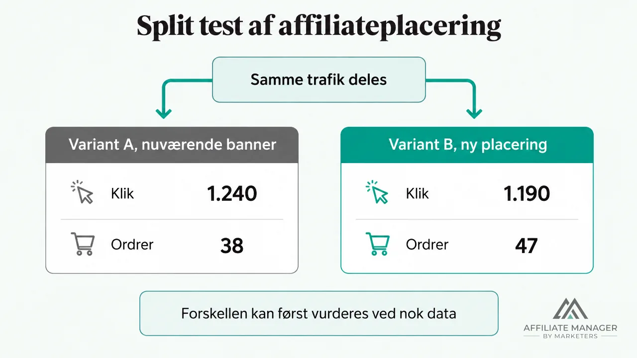 Diagram der viser en split test, hvor samme trafik deles mellem variant A med nuværende banner og variant B med ny placering, med klik og ordrer for hver variant.
